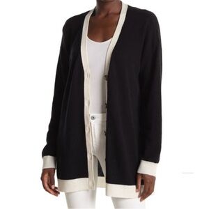 ATM Oversized Wool & Cashmere Cardigan Sweater Black White Contrast Trim XS